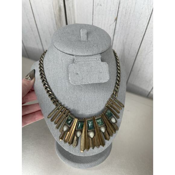 American Western Bronze Egyptian Style Mineral White Drop Cloud Stone Necklace - Picture 1 of 4